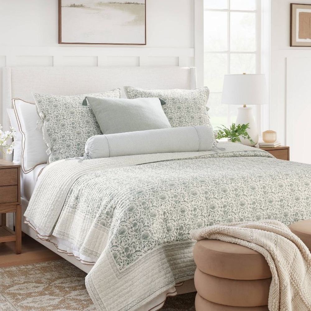 Threshold Studio McGee Floral Block Print Quilt Green White Cotton Full Queen